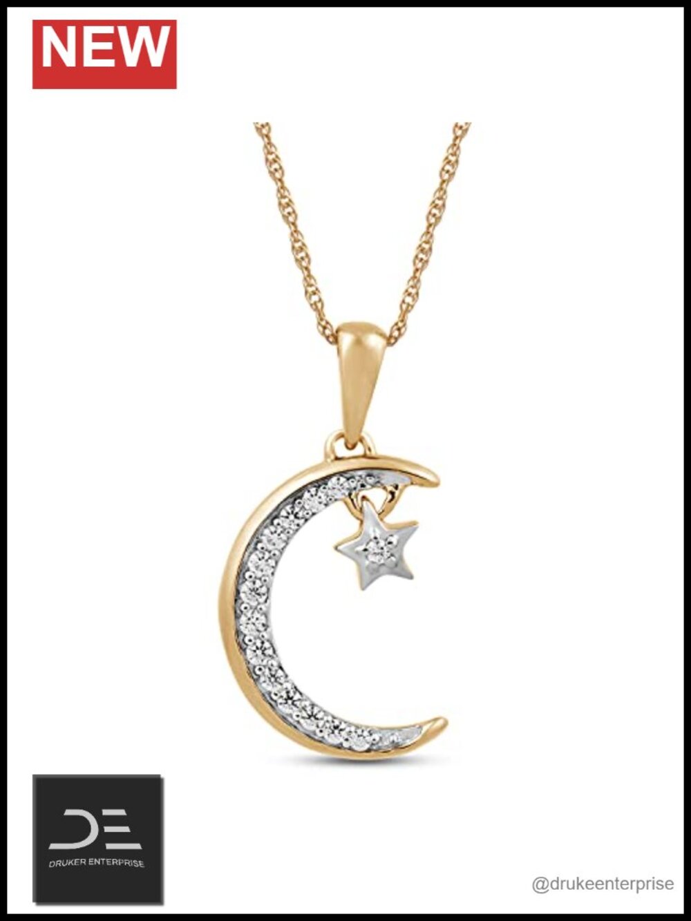 10K Yellow Gold Moon & Star Diamond Pendant Necklace 18" Rope Chain